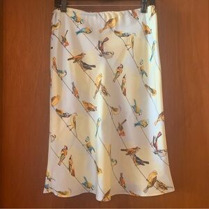 ODILLE ANTHROPOLOGIE SMALL 100% Silk, Lined, Bird Print, Light Yellow Skirt